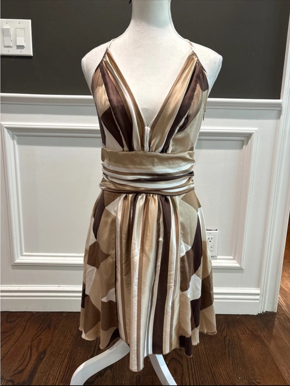 Bebe Y2K Plunge Halter Dress . Brown Champagne Satin Small